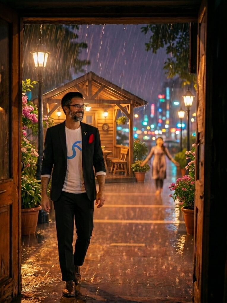 A man stands at the edge of a wooden café shelter holding a coffee mug, watching the rain fall on an empty Delhi street at evening — emotional story about missing someone you love